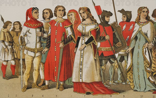 History of Spain. 1300. From left to right, 1-2: hunters, 3-4-5: noblemen, 6-7: noble ladies, 8-9: warriors, 10: noble lady. Chromolithography. ""Historia Universal"", by Cesar Cantu. Volume VI, 1885.