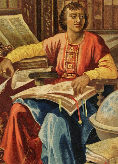 Alfonso X of Castile, called ""The Wise"" (1221-1284). King of Castile and Leon. Portrait. Detail. Chromolithography. ""Historia Universal"" (Universal History), by Cesar Cantu. Volume VI. Published in Barcelona, 1885.