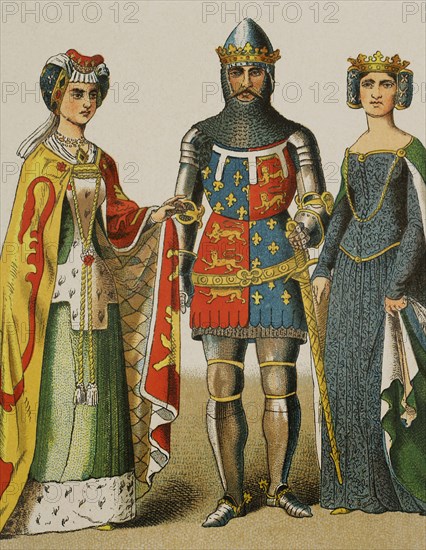 History of England. 14th century. From left to right: lady, Edward of Woodstock (1330-1376), called ""the Black Prince"", and Philippa of Hainaut (1314-1369), Queen consort of England (1328-1369). Chromolithography. ""Historia Universal"", by Cesar Cantu. Volume VI, 1885.