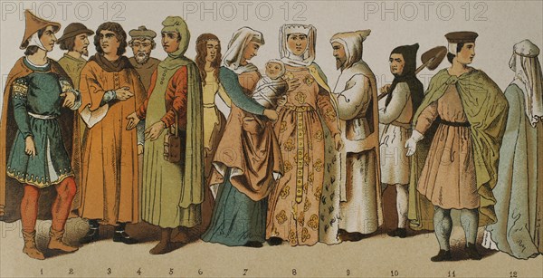 History of France. 1200. From left to right, 1-2-3-4-5-6-7: ordinary people dresses, 8: princess, 9: Carthusian, 10: Trappist friar, 11: nobleman, 12: noblewoman. Chromolithography. ""Historia Universal"", by Cesar Cantu. Volume VI, 1885.