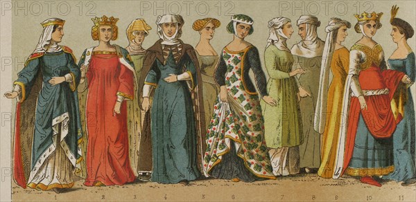 History of France. 1300. From left to right, 1 and 2: queens and princesses, 3: middle-class woman, 4: lady, 5: middle-class woman, 6: lady, 7-8: middle-class women, 9: lady, 10: queen, 11: lady. Chromolithography. ""Historia Universal"", by Cesar Cantu. Volume VI, 1885.