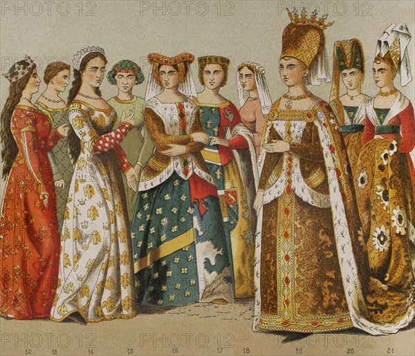 History of France. 1300. From left to right, 12: queen, 13-14-15-16: lady, 17: princess, 18: lady, 19-20-21: Isabella of Bavaria (wife of King Charles VI) and ladies of her retinue. Chromolithography. ""Historia Universal"", by Cesar Cantu. Volume VI, 1885.