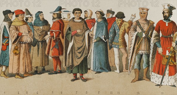 History of France. 1300. From left to right, 1 to 7: citizens, 8-9-10: citizens and nobleman, 11: knight, 12: sergeant-at-arms, 13: Archduke of Burgundy. Chromolithography. ""Historia Universal"", by Cesar Cantu. Volume VI, 1885.