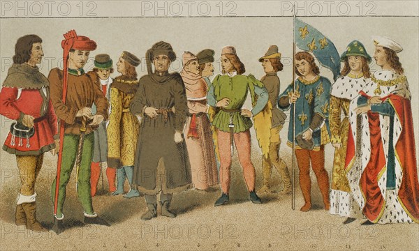 History of France. 1400. From left to right, 1: citizen, 2: Charles VII of France (1403-1461), 3: citizen, 4-5: noblemen, 6: professor, 7: citizen, 8: page, 9: citizen, 10: herald, 11-12: princes. Chromolithography. ""Historia Universal"", by Cesar Cantu. Volume VI, 1885.