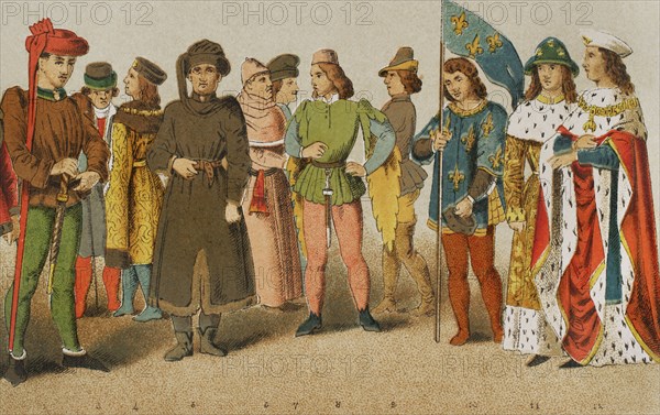 History of France. 1400. From left to right, 2: Charles VII of France (1403-1461), 3: citizen, 4-5: noblemen, 6: professor, 7: citizen, 8: page, 9: citizen, 10: herald, 11-12: princes. Chromolithography. ""Historia Universal"", by Cesar Cantu. Volume VI, 1885.