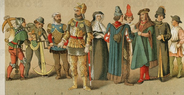 History of France. 1400. From left to right, 1-2: crosbowmen, 3-4: knights, 5: mourning gown, 6-7-8-9: noblemen, 10: citizen. Chromolithography. ""Historia Universal"", by Cesar Cantu. Volume VI, 1885.