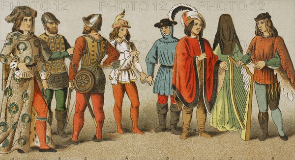 History of England. 1450-1500. From left to right, 1: Knight of the Order of the Garter, 2-3: warriors, 4-5: servants, 6: citizen, 7: bourgeois dress, 8: minstrel. Chromolithography. ""Historia Universal"", by Cesar Cantu. Volume VI, 1885.