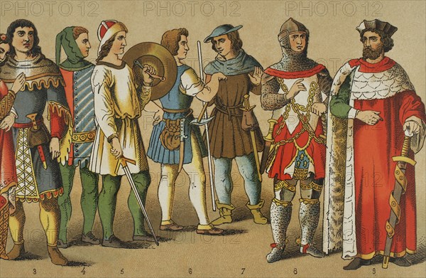 History of Germany. 1300-1350. From left to right, 3-4: noblemen, 5: armed citizen, 6-7: menestrals, 8: knight, 9: Landgrave of Thuringia. Chromolithography. ""Historia Universal"", by Cesar Cantu. Volume VI, 1885.