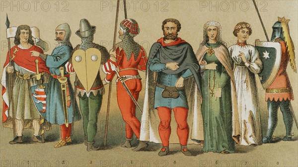 History of Germany. 14th century. From left to right, 1: Count of Thuringia, 2-5-8: knights in battle dress, 3-4: ordinary people armed, 6-7: noble dames. Chromolithography. ""Historia Universal"", by Cesar Cantu. Volume VI, 1885.