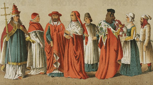 History of Italy. 1400. From left to right, 1: Pope Boniface IX, 3-4: cardinals, 5: canon, 6: Venetian noble, 7: bourgeois woman, 8: farmer. Chromolithography. ""Historia Universal"", by Cesar Cantu. Volume VI, 1885.