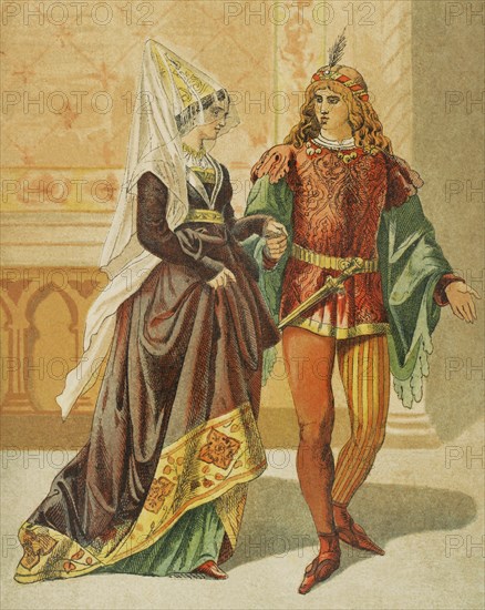 Europe. 14th century. Lady and minstrel. Chromolithography. ""Historia Universal"", by Cesar Cantu. Volume VI, 1885.