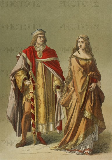 Europe. Middle Ages. 14th century. Lady and nobleman. Chromolithography. ""Historia Universal"", by Cesar Cantu. Volume VI, 1885.