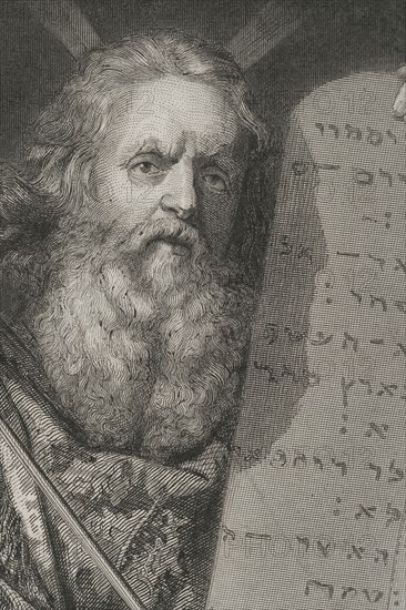 Old Testament. Prophet Moses with the Tablets of the Law. Engraving. Detail. "Historia Universal", by César Cantú. Volume I, 1854.