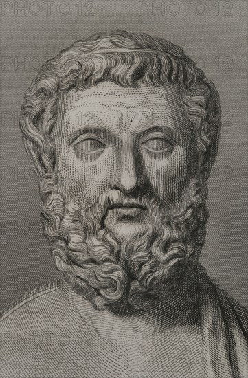 Solon (ca. 640 BC - ca. 558 BC). Athenian lawmaker, statesman and poet, one of the Seven Wise Men of Greece. Portrait. Engraving by Geoffroy. Detail. "Historia Universal", by César Cantú. Volume I. 1854.