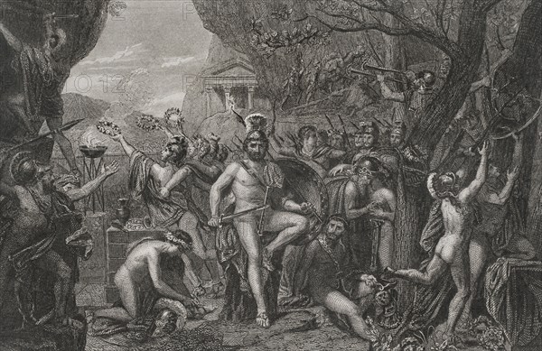 Leonidas at Thermopylae. Engraving based on the painting by Jacques-Louis David. It depicts the battle at Thermopylae, where the Spartan Leonidas blocked the way of the Persian army led by Xerxes. Leonidas is shown in the centre, naked and armed in Spartan uniform, surrounded by naked soldiers. "Historia Universal",by César Cantú. Volume I, 1854.