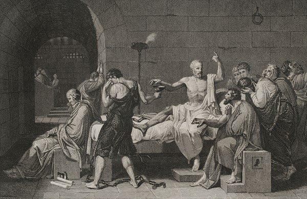 Socrates (ca. 470 BC - 399 BC). Greek philosopher. Accused of corrupting the youth, he was condemned to death by the Heliaia (Supreme Court of Ancient Athens). Death of Socrates. The scene shows Plato seated at the foot of the bed, in a meditative attitude. Engraving by A. Roca, based on the painting by Jacques-Louis David. "Historia Universal", by César Cantú. Volume I, 1854.