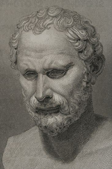 Demosthenes (384 BC - 322 BC). Greek orator and statesman. Portrait. Engraving. Detail. "Historia Universal", by César Cantú. Volume I, 1854.