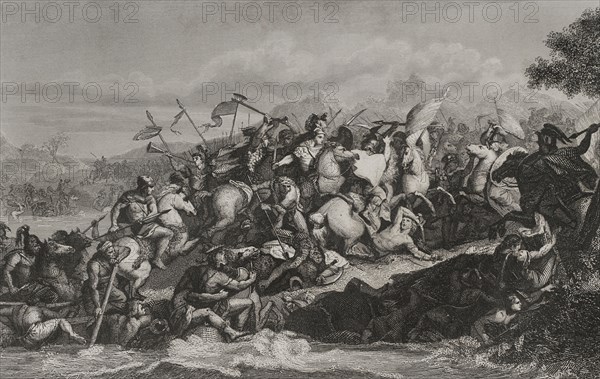 Battle of the Granicus (May 334 BC). The Macedonian King Alexander the Great defeated the Persians. Engraving by A. Roca based on a painting by Charles Lebrun. "Historia Universal", by César Cantú. Volume I, 1854.