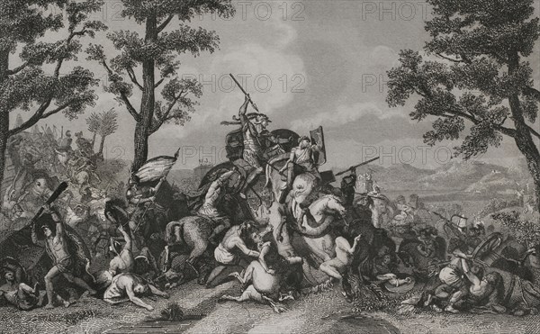 Battle of the Hydaspes (326 BC). Battle between Alexander the Great and King Porus, ruler of the Indian kingdom of Paurava. The battle took place along the Jhelum River (called Hydaspes by the ancient Greeks), in what is today Pakistan, during Alexander's campaign to conquer Asia. Defeat of Porus. Engraving by A. Roca. "Historia Universal", by César Cantú. Volume I, 1854.