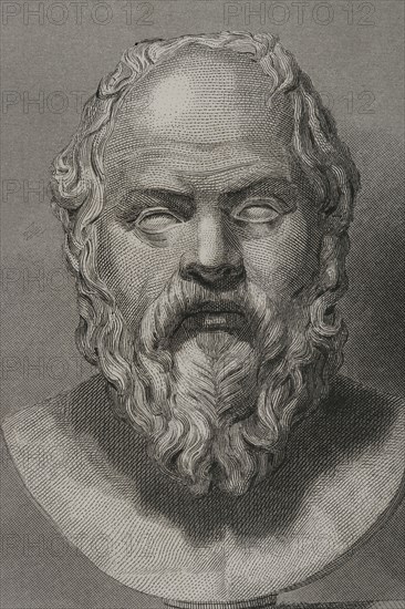 Socrates (469 BC - 399 BC). Greek philosopher. Portrait. Engraving. Detail. "Historia Universal", by César Cantú. Volume I, 1854.