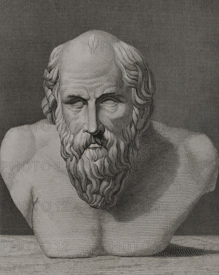 Diogenes of Sinope (ca. 412 BC - 323 BC). Greek philosopher belonging to the Cynic School. Engraving by A. Roca. "Historia Universal", by César Cantú. Volume I, 1854.