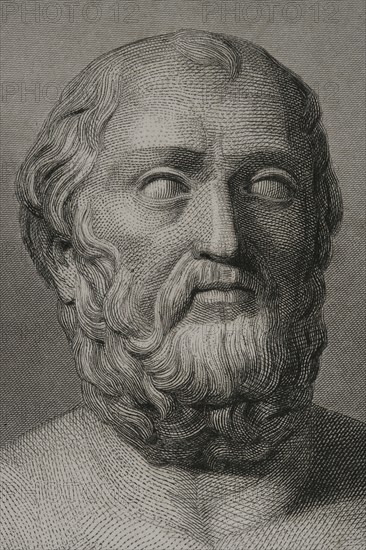 Plato (428/427 BC-348/347 BC). Greek philosopher. Portrait. Engraving by Geoffroy. "Historia Universal", by César Cantú. Volume I, 1854.