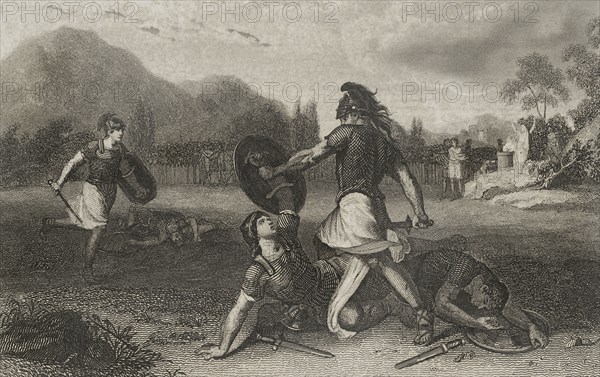 Fight between the Horatii and the Curiatii. Engraving. "Historia Universal", by César Cantú. Volume I, 1854.