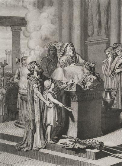 Hannibal Barca (247-183 BC). Carthaginian general and statesman. Hannibal in the Temple of Carthage with his father Hamilcar Barca, at the age of nine, taking an oath of eternal hatred of Rome by dipping his hands in the blood of the sacrificed animal. Engraving. "Historia Universal", by César Cantú. Volume II, 1854.