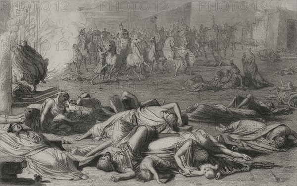 Numantine War. Siege of Numantia by Roman troops, 133 BC. Destruction of the city. Engraving. "Historia Universal", by César Cantú. Volume II, 1854.