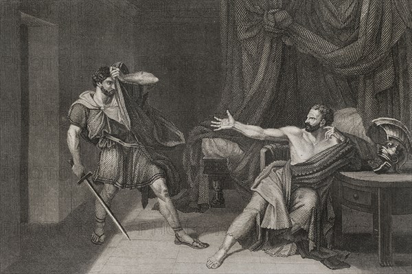 Gaius Marius (ca. 157 BC - 86 BC). Roman general and consul. Marius prisoner at Minturnae. It depicts the attempted execution of the consul Gaius Marius when he was captured in Minturnae. Engraving after a painting by Jean-Germain Drouais. "Historia Universal", by César Cantú. Volume II, 1854.