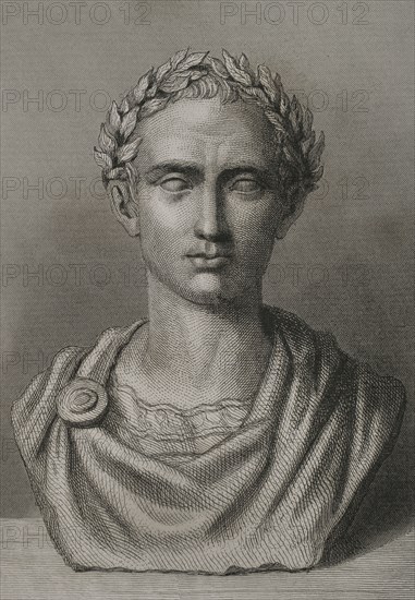 Gaius Julius Caesar (100 BC - 44 BC). Roman politician, general and writer. In 60 BC he established a triumvirate with Pompey and Crassus. Conquered Gaul. Head of the empire an dictator in perpetuity (Dictator Perpetuus). Portrait. Engraving. "Historia Universal", by César Cantú. Volume II, 1854.