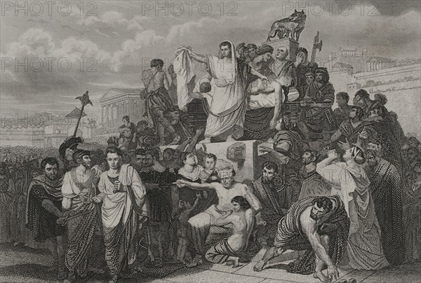 Gaius Julius Caesar (100 BC - 44 BC). Roman politician, general and writer. In 60 BC he established a triumvirate with Pompey and Crassus. Conquered Gaul. Head of the empire an dictator in perpetuity (Dictator Perpetuus). Funeral of Julius Caesar. Engraving by A. Roca. "Historia Universal", by César Cantú. Volume II, 1854.