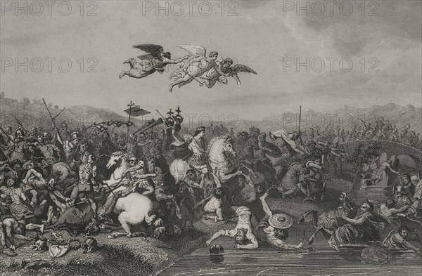 Battle of Constantine against Maxentius (Battle of Milvian Bridge). It took place in 312 between Constantine I the Great (272-337) and Maxentius (276-312), with victory for Constantine's army. Engraving. "Historia Universal", by César Cantú. Volume II, 1854.