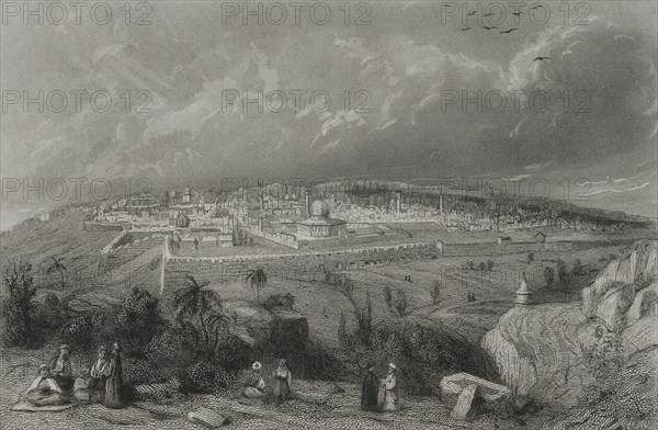 History of Israel. Jerusalem. Panoramic view of the city. Engraving. "Historia Universal", by César Cantú. Volume III, 1855.