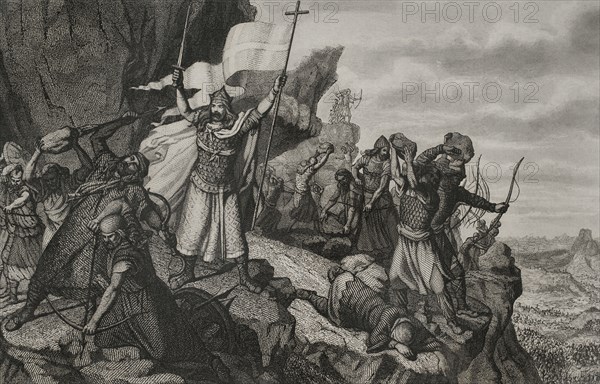 History of Spain. Asturias. Battle of Covadonga, 722. It was the first victory won by Christian military forces in Iberia after the Islamic conquest of Hispania. Defence of Covadonga. Drawing by Méndez. Engraving by A. Roca. "Historia Universal", by César Cantú. Volume III, 1855.