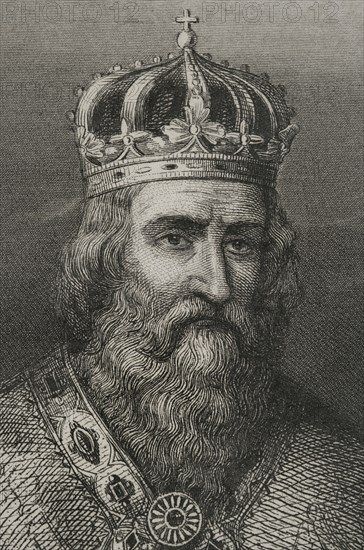 Charlemagne (742-814). King of the Franks (768-814), king of the Lombards (774-814), and emperor of the Holy Roman Empire (800-814). Portrait. Engraving. Detail. "Historia Universal", by César Cantú. Volume III, 1855.