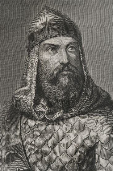 Rodrigo Díaz de Vivar, known as El Cid Campeador (ca. 1043-1099). Castilian nobleman, knighted by the infante Sancho. He took part in the battles of Llantada and Golpejera against Alfonso VI, and the Siege of Zamora. Portrait. Engraving by Geoffroy. Detail. "Historia Universal", by César Cantú. Volume III, 1855.