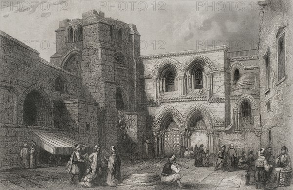 History of Israel. Jerusalem. Entrance to the Church of the Holy Sepulchre. Engraving. "Historia Universal", by César Cantú). Volume III, 1855.