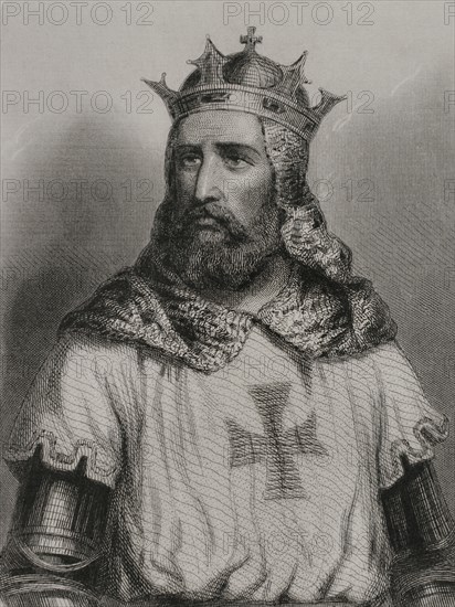 Godfrey of Bouillon (1060-1100). Military leader during the First Crusade. First ruler of the Kingdom of Jerusalem (1099-1100), choosing for his mandate the title of "Defender of the Holy Sepulchre". Portrait. Engraving by Geoffroy. "Historia Universal", by César Cantú. Volume III, 1855.