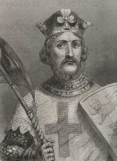 Richard I (1157-1199). King of England (1189-1199), nicknamed Richard the Lionheart. House of Plantagenet. Portrait. Engraving. "Historia Universal", by César Cantú. Volume III, 1855.