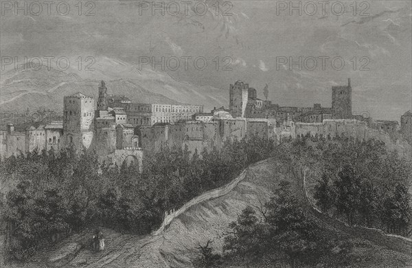 History of Spain. Andalusia. Granada. Panoramic view of the Alhambra. Engraving by Geoffroy. "Historia Universal", by César Cantú. Volume IV, 1856.