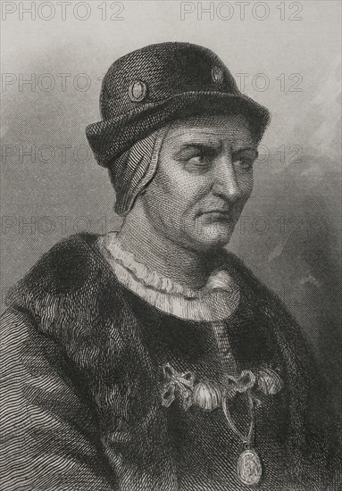 Louis XI (1423-1483), nicknamed "the Prudent". King of France (1461-1483). Portrait. Engraving by Geoffroy. "Historia Universal", by César Cantú. Volume IV, 1856.