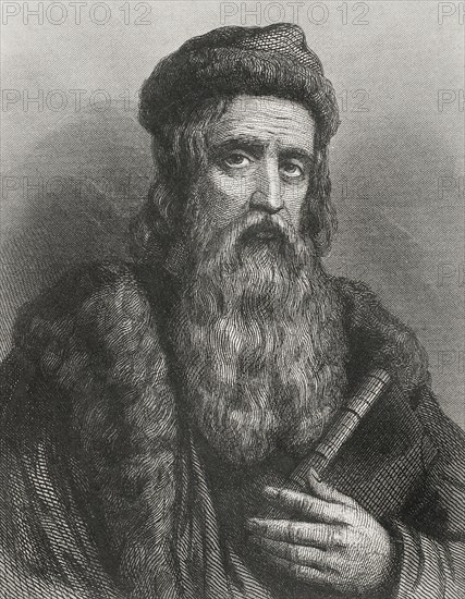 Johannes Gutenberg (ca. 1399-1468). German inventor. Around 1450 he created the first movable type printing press. Portrait. Engraving by Geoffroy. "Historia Universal", by César Cantú. Volume IV, 1856.