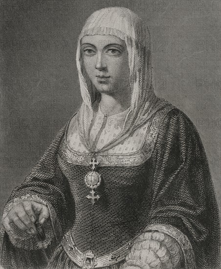 Isabella I (1451-1504). Queen of Castile (1474-1504). Queen consort of Aragon for her marriage to Ferdinand II of Aragon. Portrait. Engraving by Geoffroy. Historia Universal, by César Cantú. Volume IV, 1856.