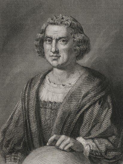 Christopher Columbus (1451-1506). Navigator, cartographer and admiral. He served the Crown of Castile. Discoverer of America in 1492. Portrait. Engraving by Geoffroy. "Historia Universal", by César Cantú. Volume IV, 1856.