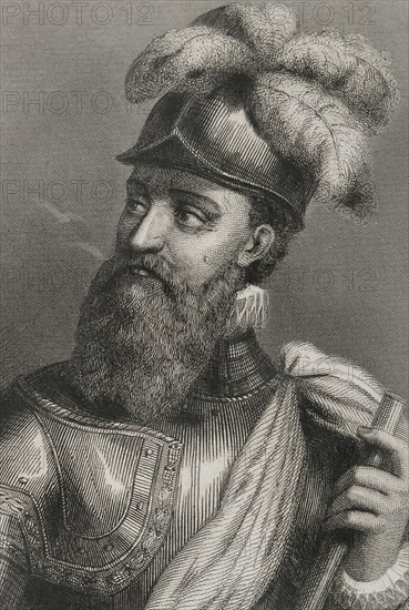 Francisco Pizarro (1478-1541). Spanish conqueror of the Inca empire. Portrait. Engraving. "Historia Universal", by César Cantú. Volume IV, 1856.