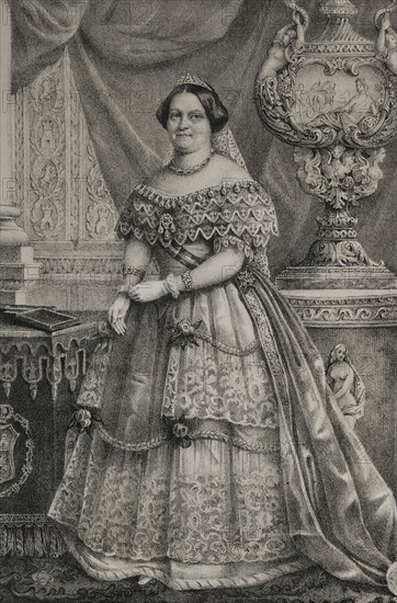 Maria Cristina de Borbon of the Two Sicilies (1806-1878). Queen consort of Spain between 1829 and 1833 by her marriage to King Ferdinand VII, of whom she was his fourth and last wife. Regent of the kingdom from 1833 to 1840. Portrait. Drawing by C. Legrand. Lithography by J. Donon. ""Reyes Contemporaneos"". Volume I. Published in Madrid, 1855.