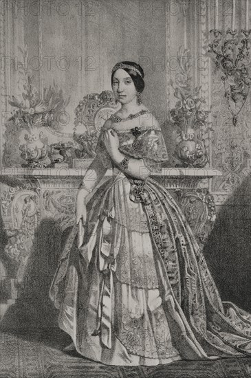 Infanta Maria Luisa Fernanda of Spain (1832-1897). Infanta of Spain by birth. Second daughter of King Ferdinand VII. Duchess of Montpensier by her marriage to Prince Antoine d'Orleans in 1846. Portrait. Drawing by B. Blanco. Lithography by J. Donon. Reyes Contemporaneos. Volume I. Published in Madrid, 1855.