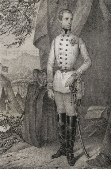 Portrait of the young Ferdinand Maximilian of Austria (1832-1867), Archduke of Austria. He renounced his title to become emperor of Mexico (1864-1867) as Maximilian I. Drawing by C. Legrand. Lithography by J. Donon. ""Reyes Contemporaneos"". Volume I. Published in Madrid, 1855.