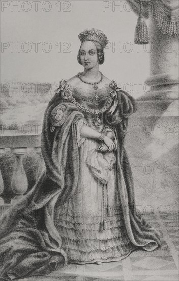 Queen Victoria (1819-1901). Queen of the United Kingdom of Great Britain and Ireland (1837-1901). Empress of India. Portrait. Lithography by Martinez. ""Reyes Contemporaneos"". Volume I. Published in Madrid, 1855.